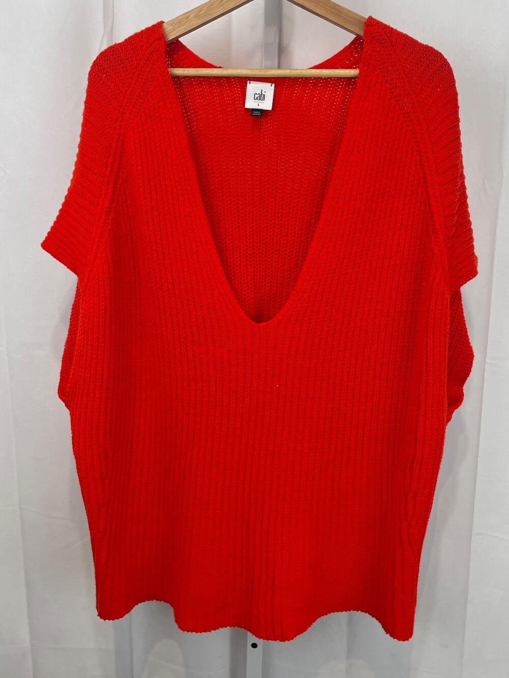 CABI Ruby Pullover Sweater 5837 Deep V Neck Short Sleeve Oversized Orange Red L
